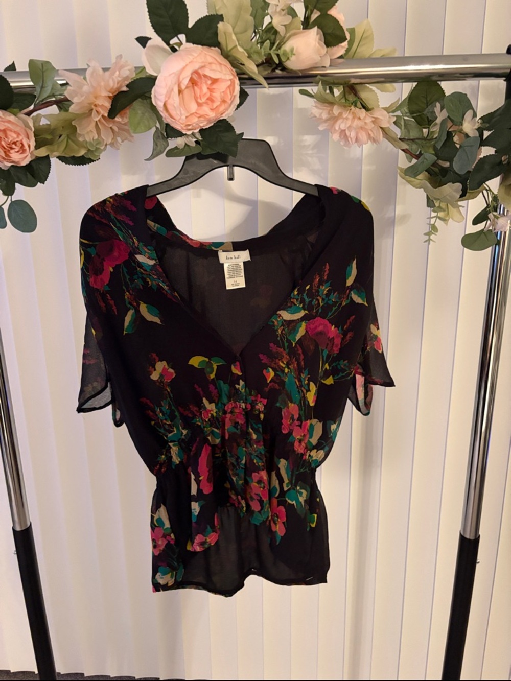 Chiffon Peplum Black Floral V-Neck Flutter Sleeve Blouse